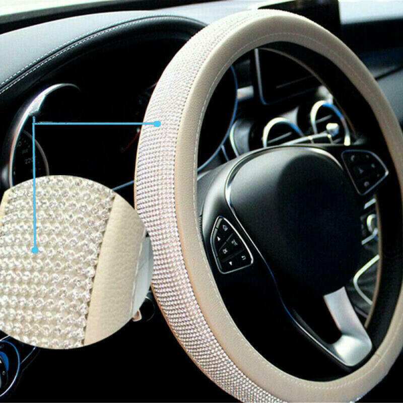 1 White 38CM Car Crystal Steering Wheel Cover PU Leather Rhinestones Beige WJL