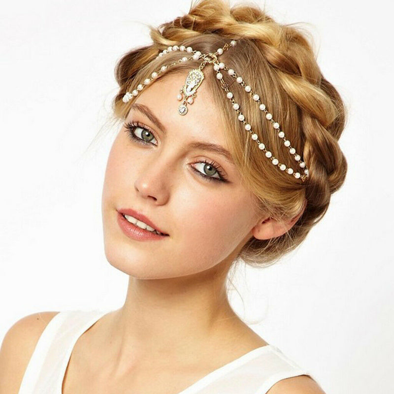 Women Bridal Wedding Boho Beaded Crown Head Chain Headband Hair Piece Hairband