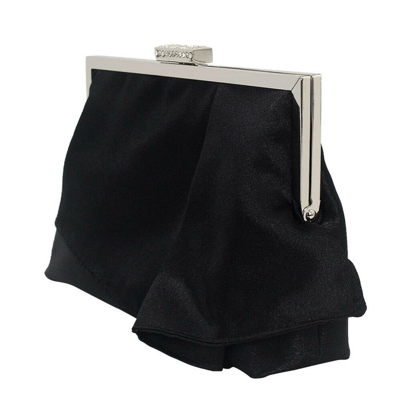 Black Satin Crystal Clustered Buckle Evening Clutch Bag Handbag Prom Purse