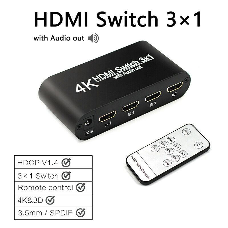 3 Input x 1 Output 4K 4:4:4 HDMI Video Switcher Splitter Adapter w/ 3.5mm Cable
