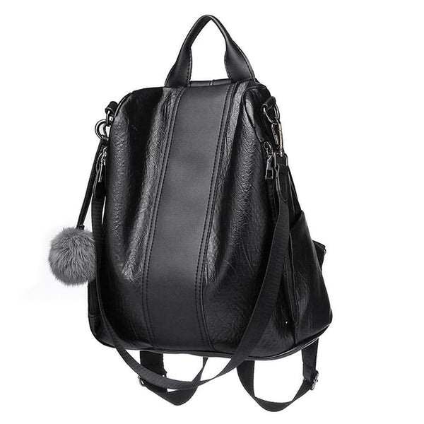 Solid Color Knapsack Women Backpacks Anti-theft PU Leather Rucksack (Black) SN9F