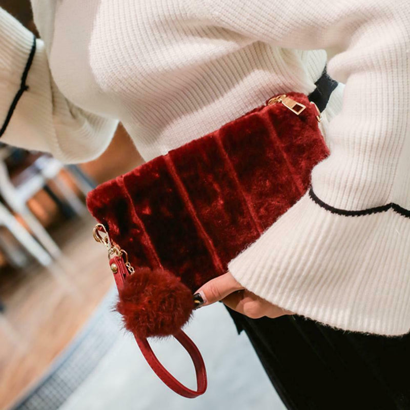 Women Clutch Fur Plush Bag Casual Handbag Winter Crossbody Bag(Wine Red)