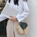 Hex-shape Straw+PU Shoulder Handbags Beach Women Top-handle Bags (Black)