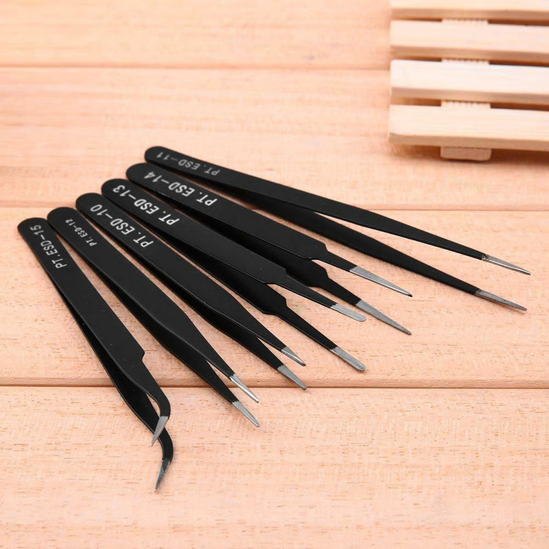 6pcs Stainless Steel Safe Anti-Static Tweezers Set Manicure Tool with Bag  A