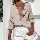 Long Sleeve Blouse Women Turn Down Collar Plain Cardigan Tops (Khaki XL)