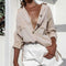 Long Sleeve Blouse Women Turn Down Collar Plain Cardigan Tops (Khaki XL)