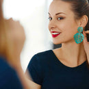 Hollowed Leaf Dangle Ear Stud Elegant Women Drop Earrings Jewelry (Green) A