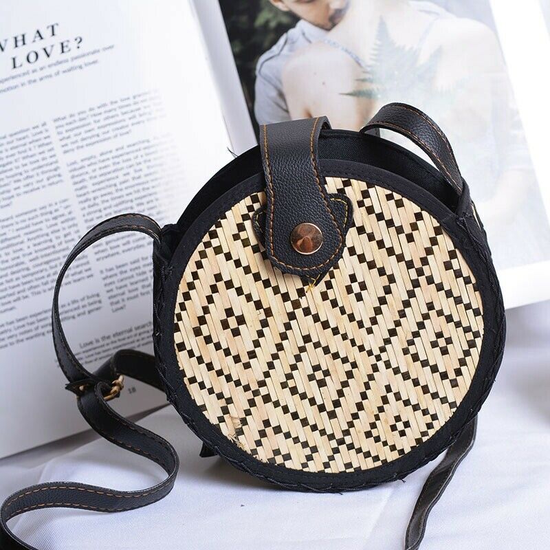 Pattern Hand-Woven Round Rattan Beach Single-Shoulder Cross-Body Bags NaturaB8L9