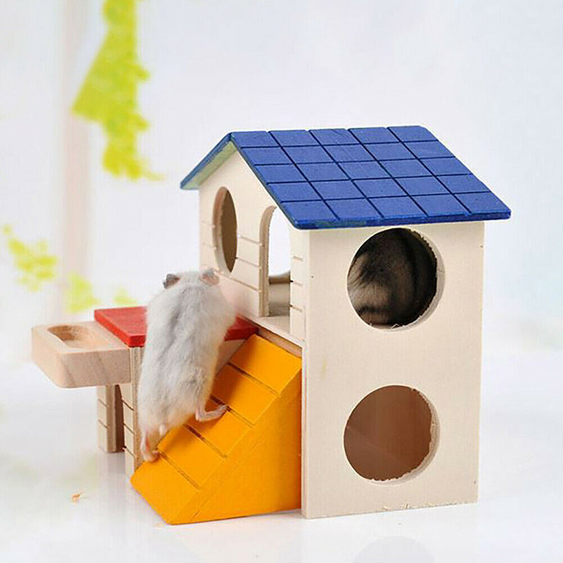Cute 2 Layers Wooden Hamster Sleeping Grinding Pet House with Feeding Trough Del