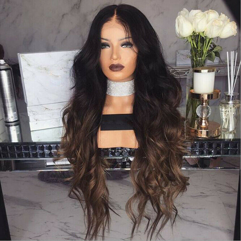 Women Synthetic Hair Full-Wigs Natural Long Wavy Wig Heat Resistant Black &Brown