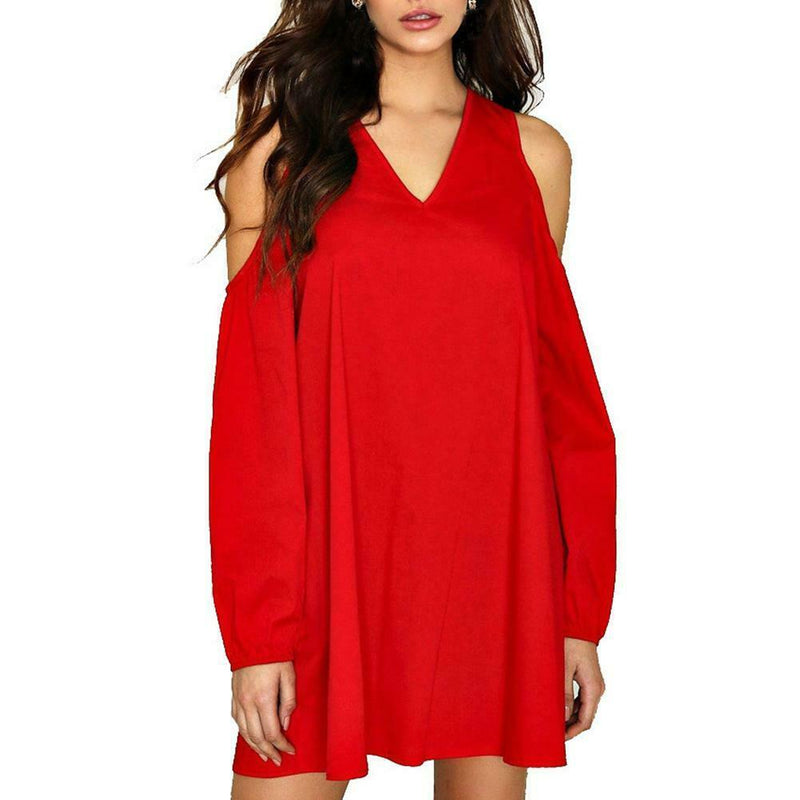 Summer Chiffon Fashion V-neck Women Dress Cold Sleeve Solid Dresses (5XL) A