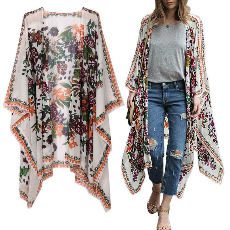Women Chiffon Kimono Cardigan Floral Print Asymmetric Boho Loose Outerwear