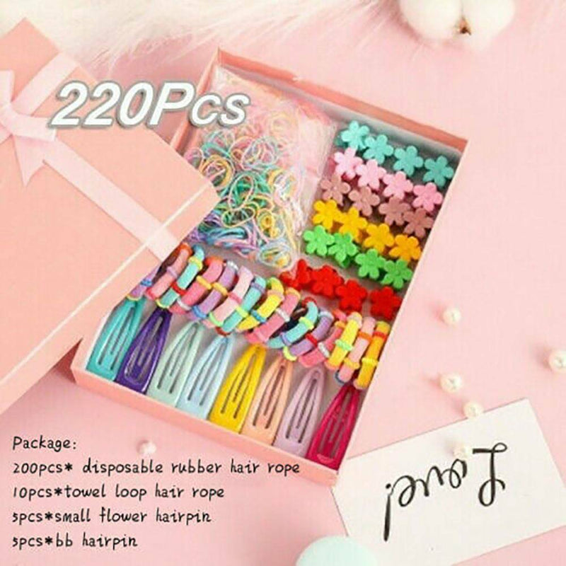 220Pcs Candy Color Hair Clips Rope Ponytail Holder Girls Kids Cute Hair Bow Set