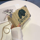 Straw Leaf Letter Decor Shoulder Handbags Women Box Crossbody Bags (Khaki)