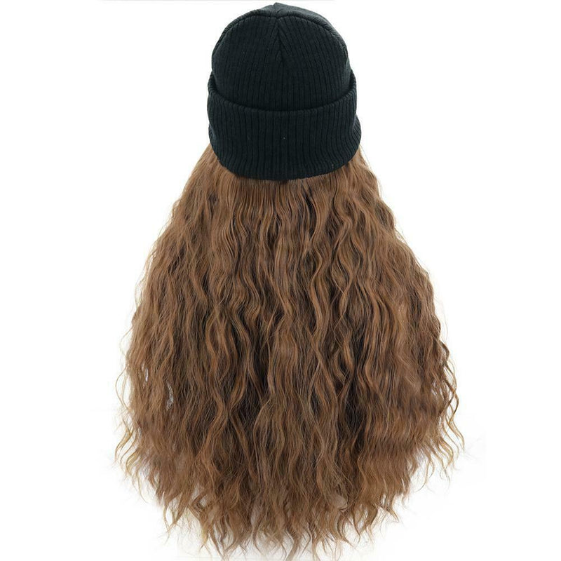 Women Synthetic Wig Beanie Wool Hat Fashion Wig Hair Extensions Brown Attached