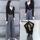 Women Autumn Long Sleeve Solid V-Neck Bandage Sexy Crop Tops (Black XL)