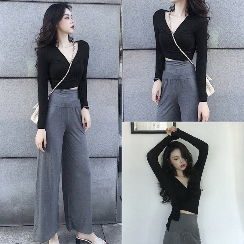 Women Autumn Long Sleeve Solid V-Neck Bandage Sexy Crop Tops (Black XL)