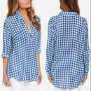Cotton Plaid Long Sleeve T-shirt Lapel Single-breasted Women Blouse (XXL)