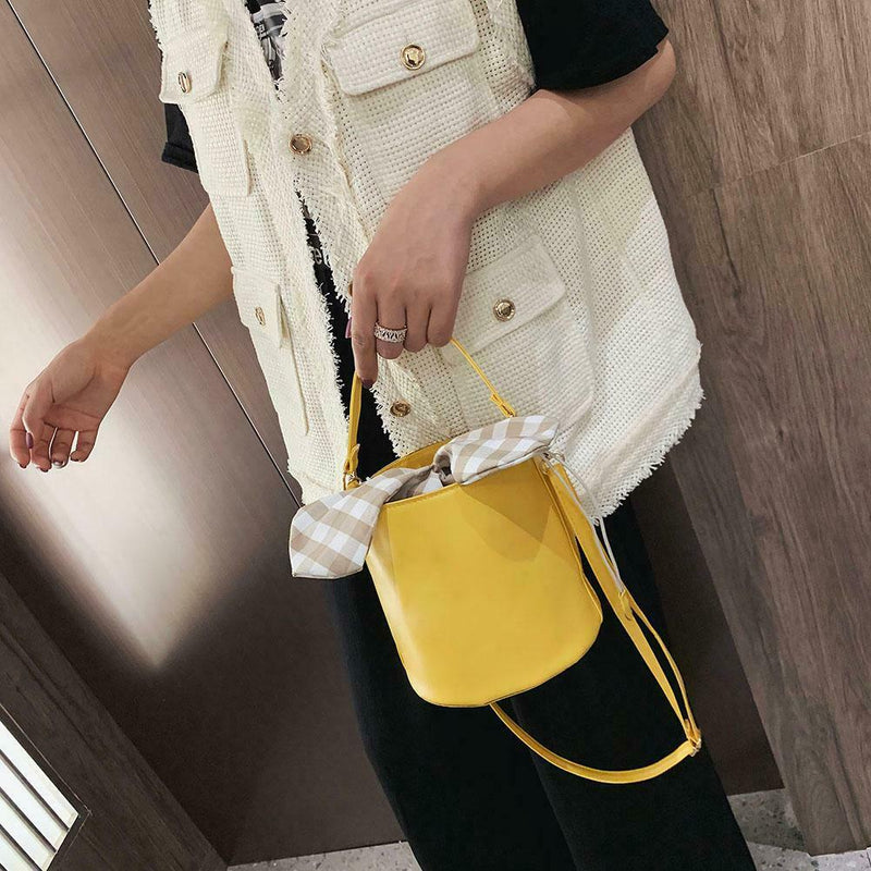 Plaid Bowknot Shoulder Handbags Leather Women Crossbody Bucket Bag (Yellow) A