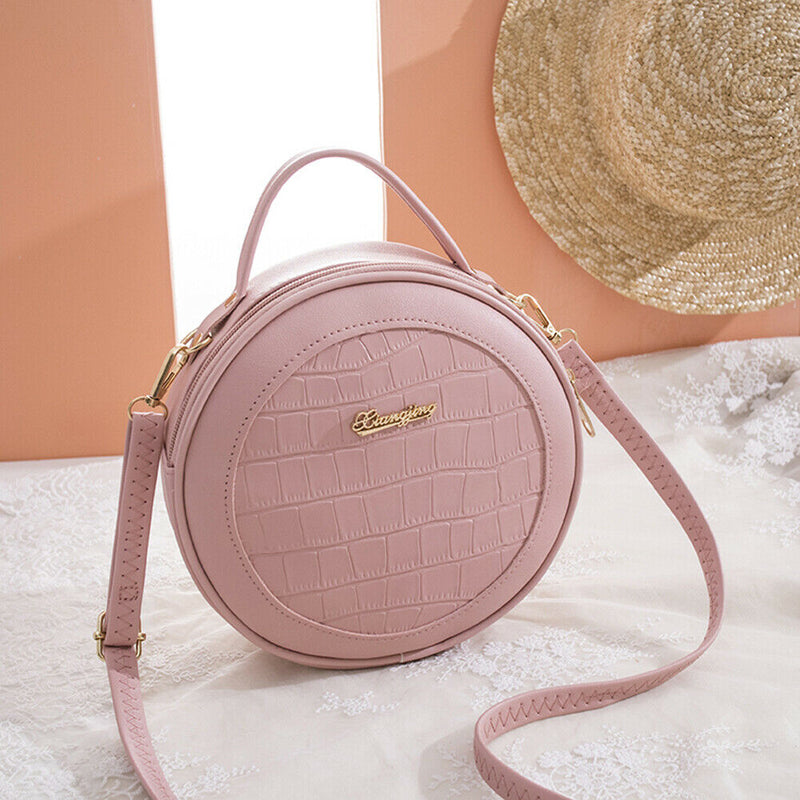 Women Round Shoulder Bag Alligator PU Circle Zip Crossbody Handbag (Pink)