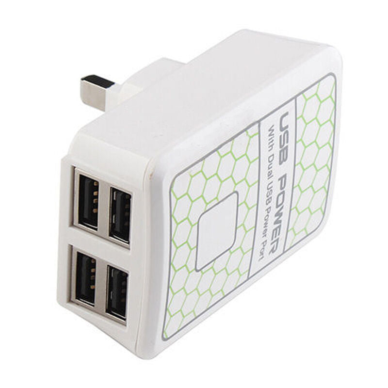UK MAINS WALL 3 PIN PLUG ADAPTOR CHARGER 4-USB PORTS FOR PHONES TABLES 5V 3.5A