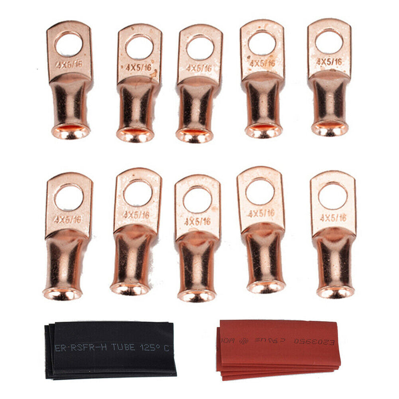 10pcs Heavy Duty Copper Battery Cable Lugs 4AWG 5/16 with 2:1 Heat Shrink Tube