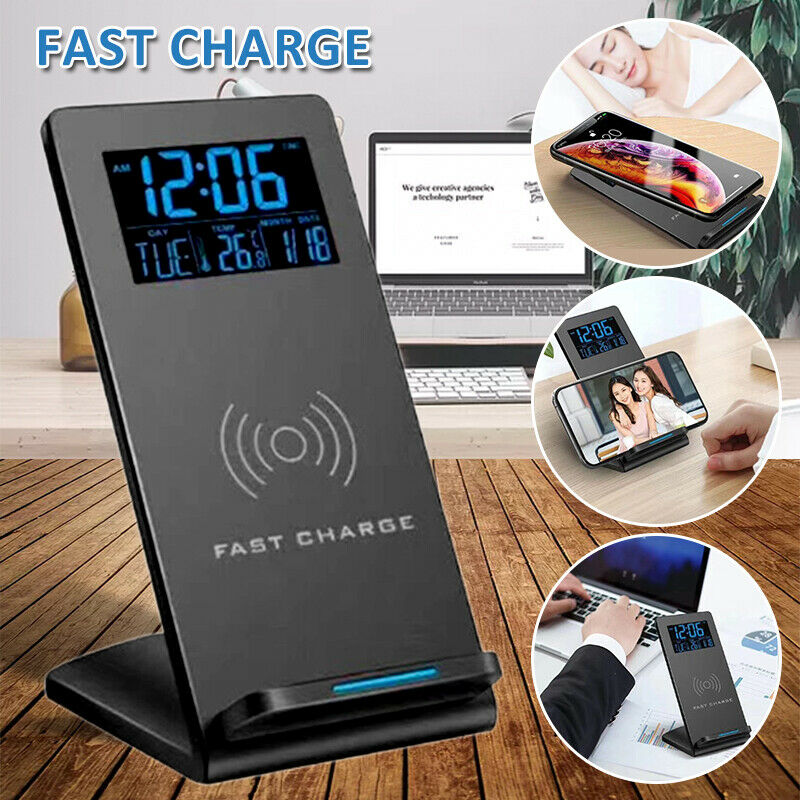 Electric LEDs Alarm Clock With Phone Wireless Charger Table Digital Thermometer