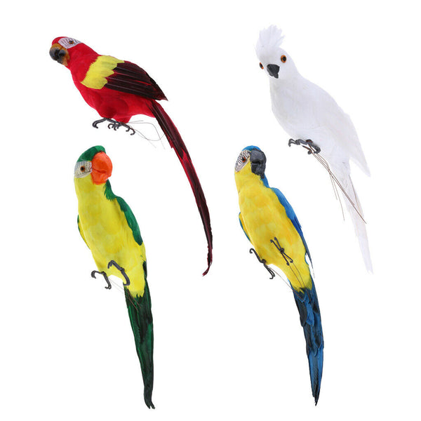 Set of 4 Feathered Realistic Parrot Home Garden Birds Decor Ornament