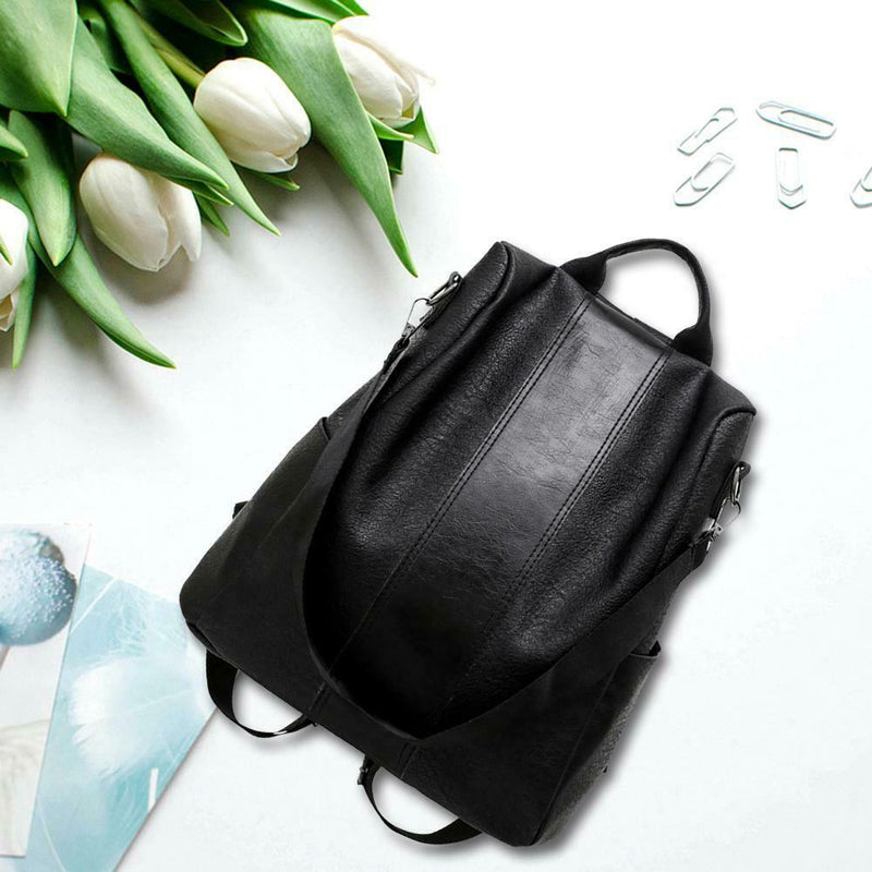 Women Backpack PU Leather School Shoulder Bag Casual Rucksacks (Black)