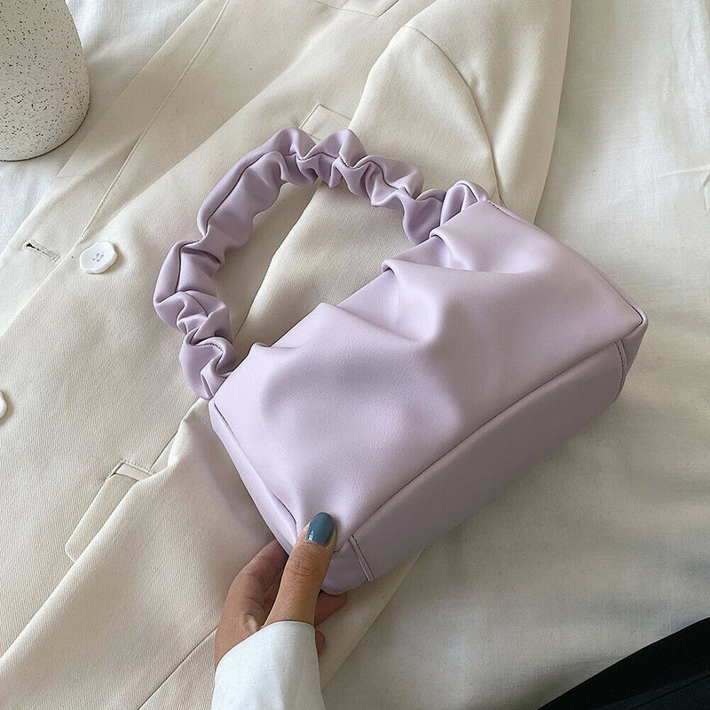 Women Candy Color Shoulder Bags Pleated Ruffle PU Totes Handbag (Purple)
