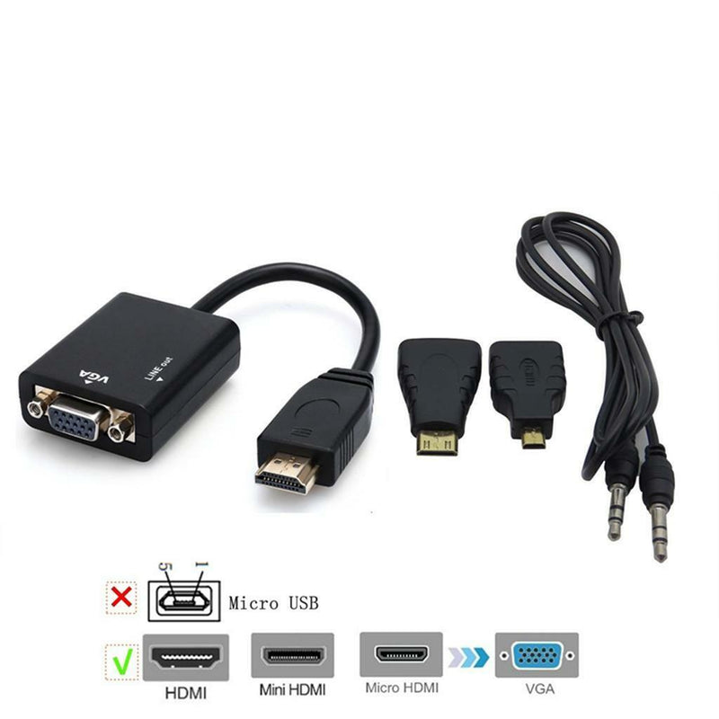 HDMI Male To VGA Adapter Convertor Cable + Micro Mini HDMI to HDMI and Audio