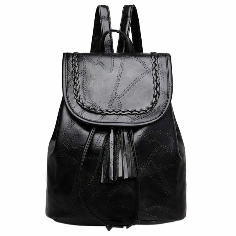 Women Shoulder Bags Casual Black Drawstring School Backpack Leather Tassels
