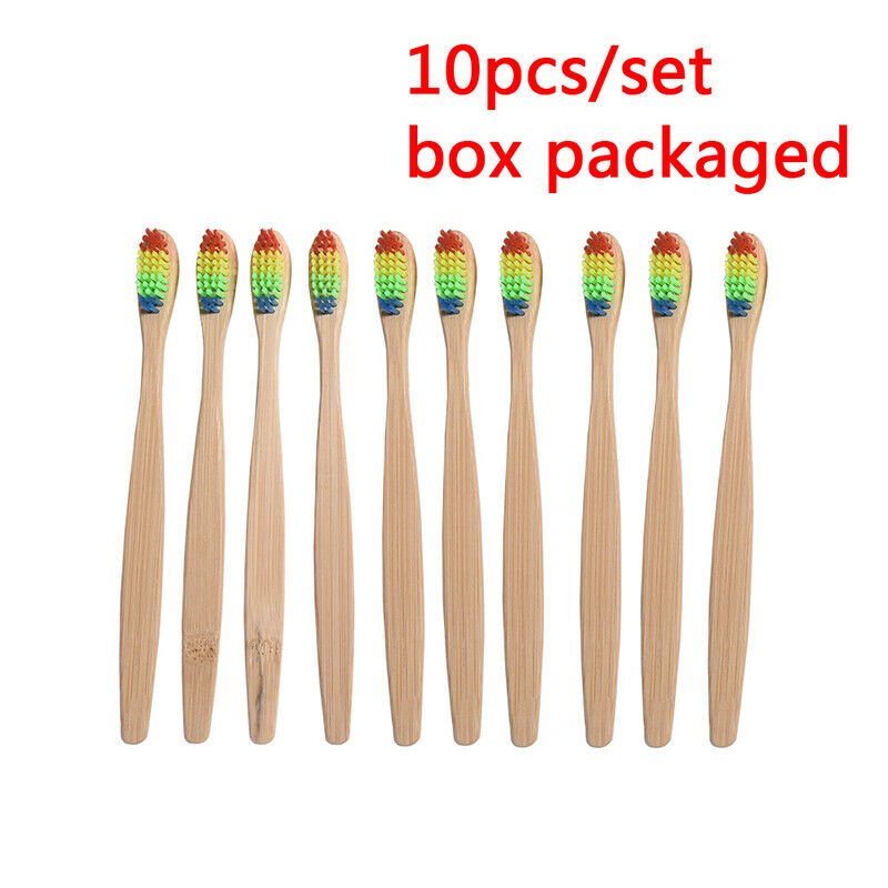 10PCS Delicate Whitening Rainbow Wood Toothbrush Bamboo Fibre Wooden Handle FT