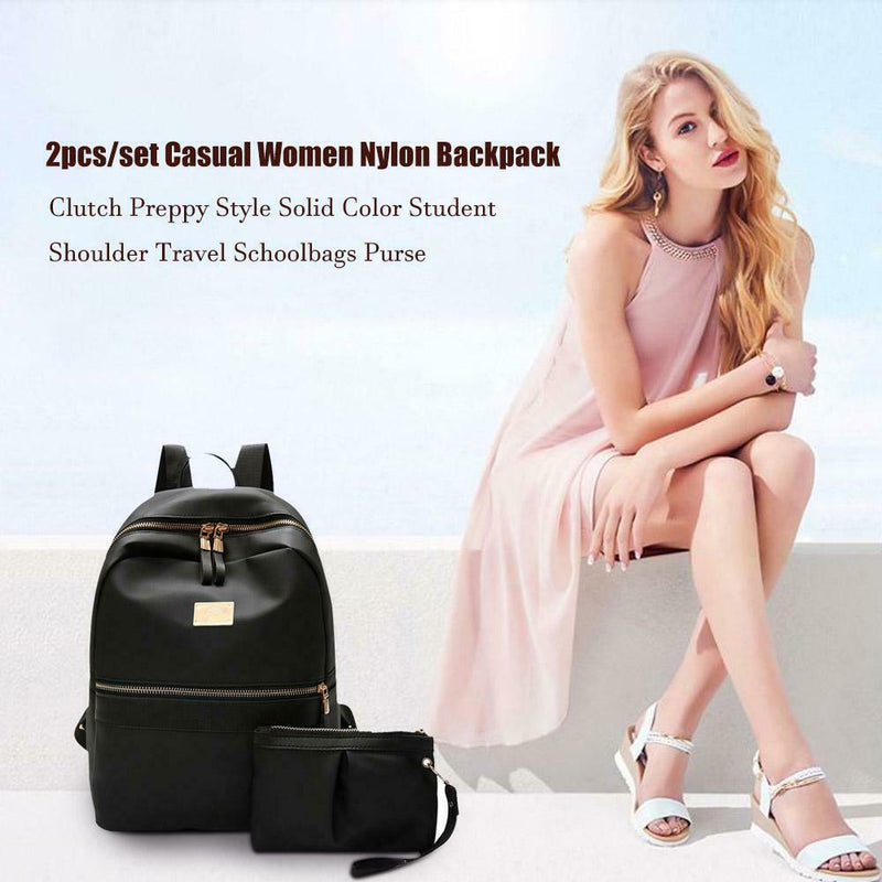 2pcs/set Women Nylon Backpack Clutch Preppy Solid Shoulder Schoolbags Purse Bags