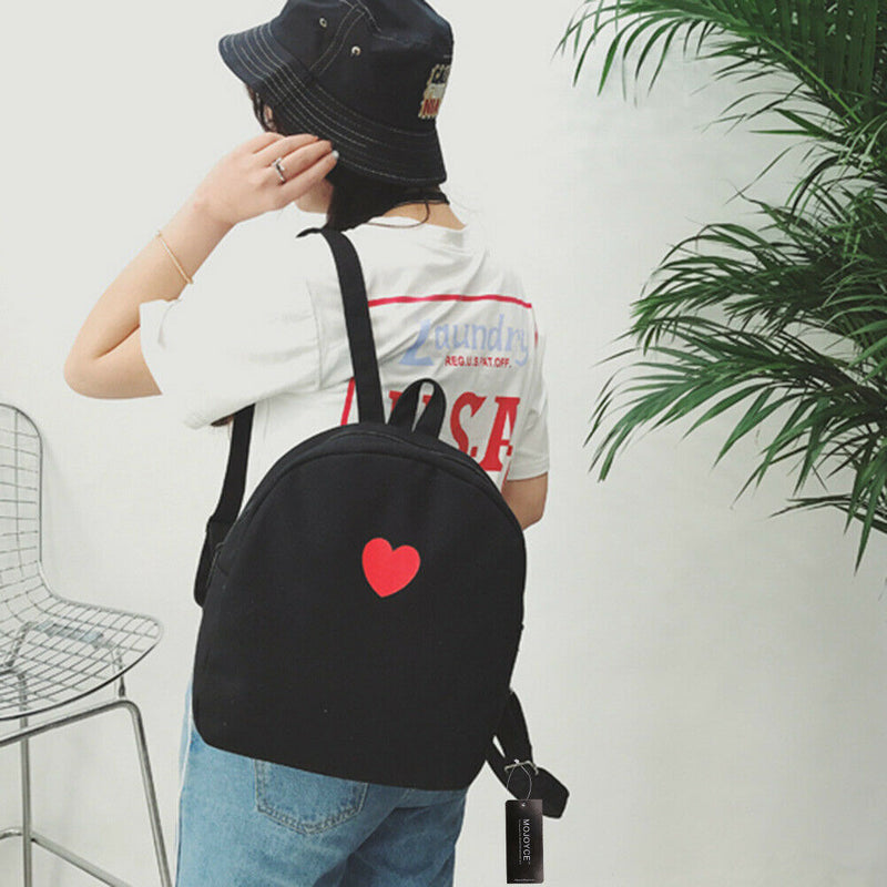Preppy Chic Girls Canvas Love Printed Backpack Simple School Bag(Black)