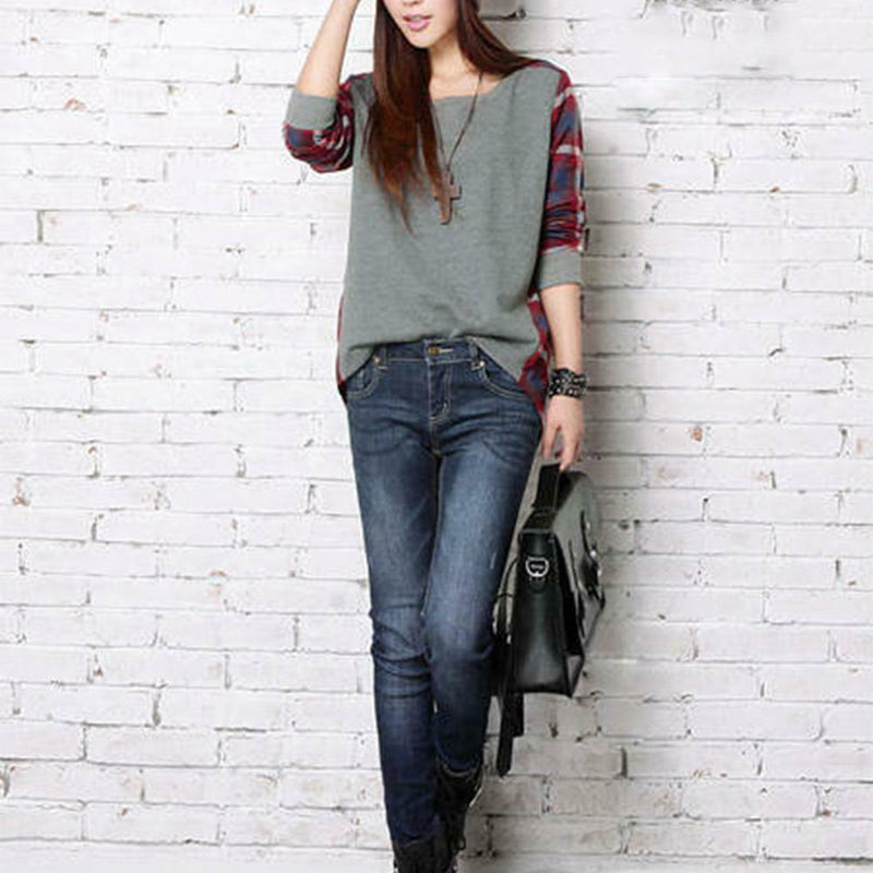 Autumn Casual Women Blouses O-neck Plaid Splicing Loose Tops (Grey)(S)