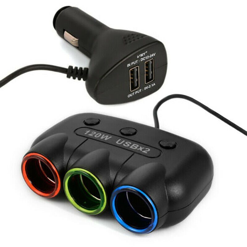 3 Way Triple Car Cigarette Lighter Socket Splitter LED Light+2 USB DC 12V MA493