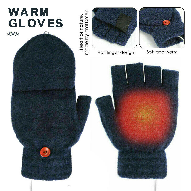 Winter USB Rechargeable Electric Heated Mitten Knitted Gloves Half Finger Cable