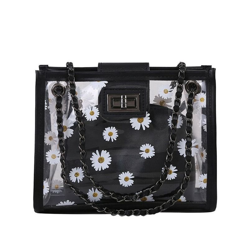 2pcs/Set Women Clear PVC Shoulder Bag PU Daisy Clutch Handbags (Black)