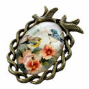 Woman Girl Flower Bird Print Ellipse Pendant Lobster Clasp Necklace Bronze TM3T9