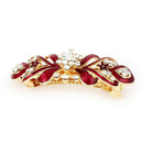 Women's Crystal Stone Decor Flowers Metal Hair Clip Claw Barrette Red + Gol