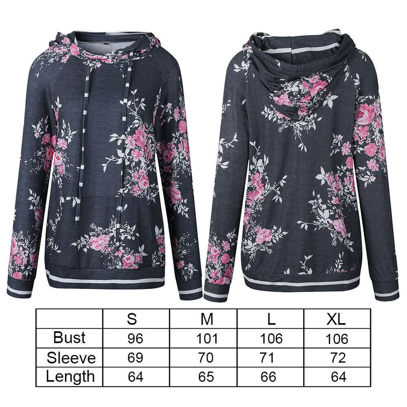 Womens Dark Gray Pullover Long Sleeve Floral Hoodies Coat Sweatshirt W/ Pocket