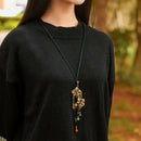 Retro Wood Chip Shell Necklace Flower Pendant Sweater Chain Diy Design Neck