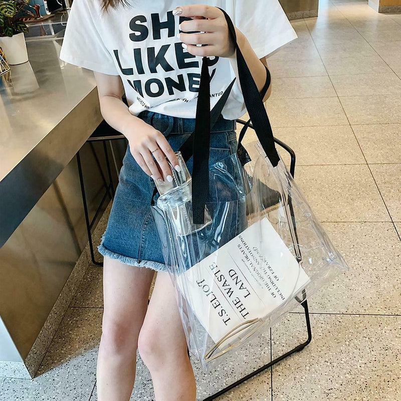 Clear Women Handbag Transparent Shoulder Bag Large Shopping Totes (White)