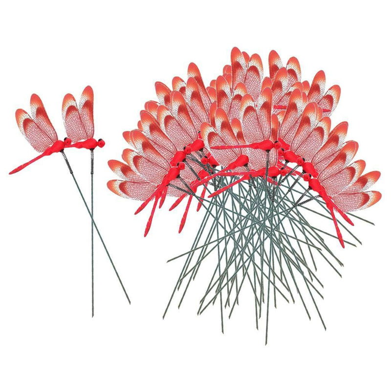50pcs Beautiful Red Dragonfly Stakes Garden Potted Plant Flower Pot Decor