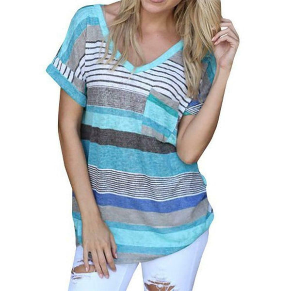 Fashion V-neck Stripe Women Tops Short Sleeve Splicing T-shirt (Blue 5XL)