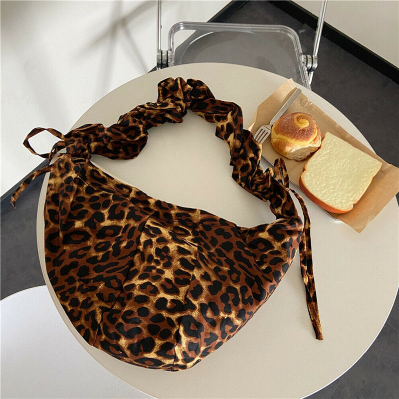 Lady Leopard Casual Shoulder Handbags Retro Women Pleated Dumpling Crossbody Bag