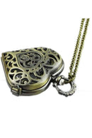 Hollow Heart-Shaped Pocket Watch Necklace Pendant Chain Bronze D6C7