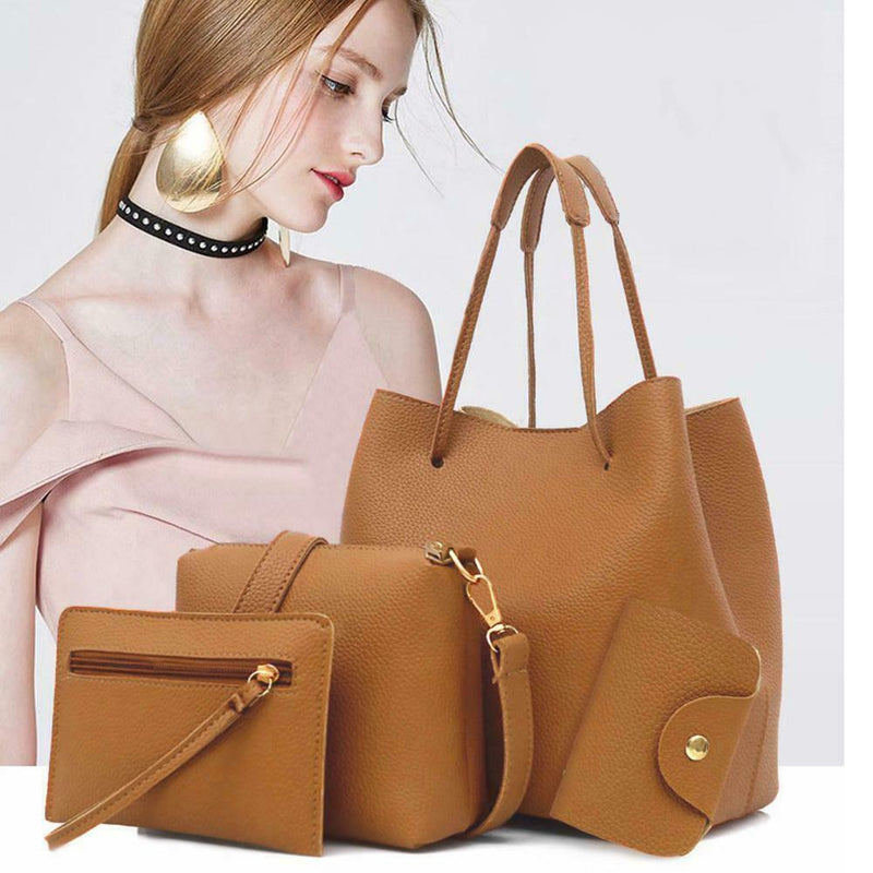 4pcs Set Women Bag Fashion Solid PU Single Shoulder Messenger Bags(Brown)