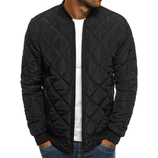 Men Long Sleeve Diamond Stand Collar Winter Padded Jacket (Black L) A#S